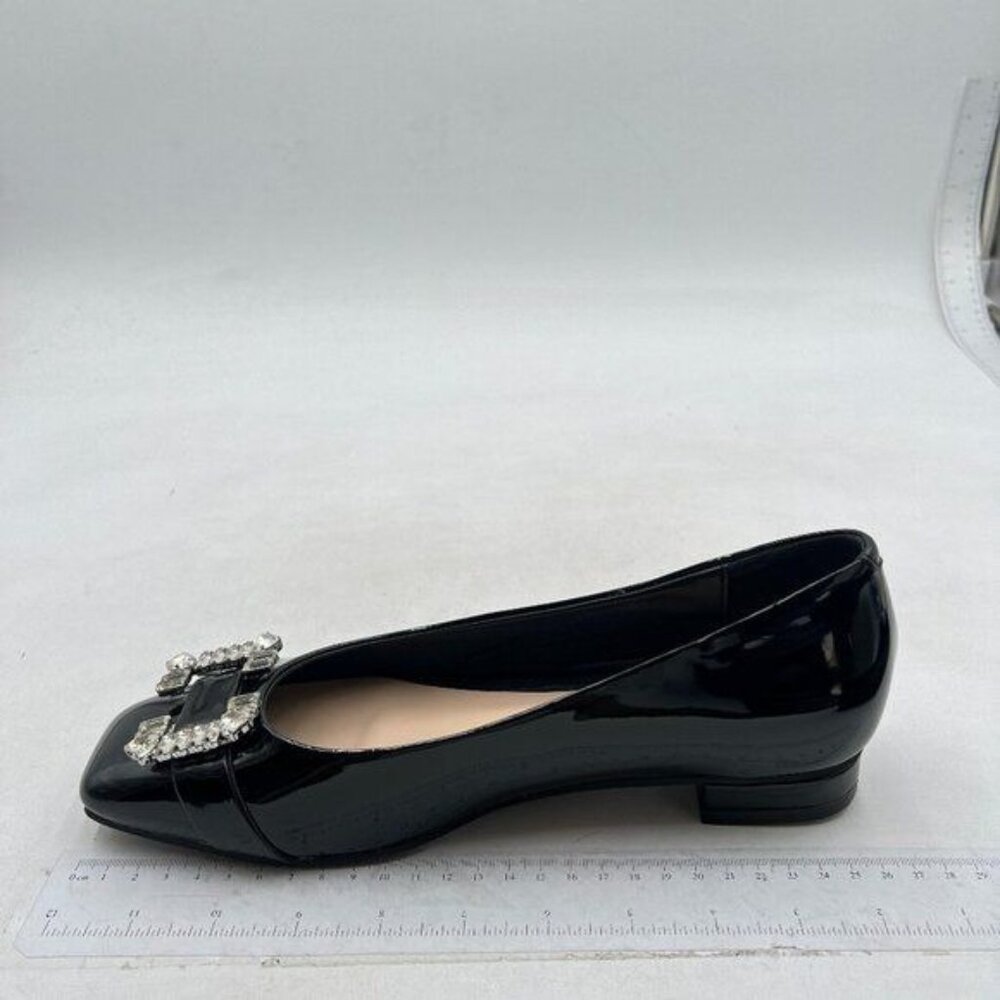 FYS flats square toe Rhinestone Crystal Low Chunky Heel Shoes Black - Picture 1 of 7